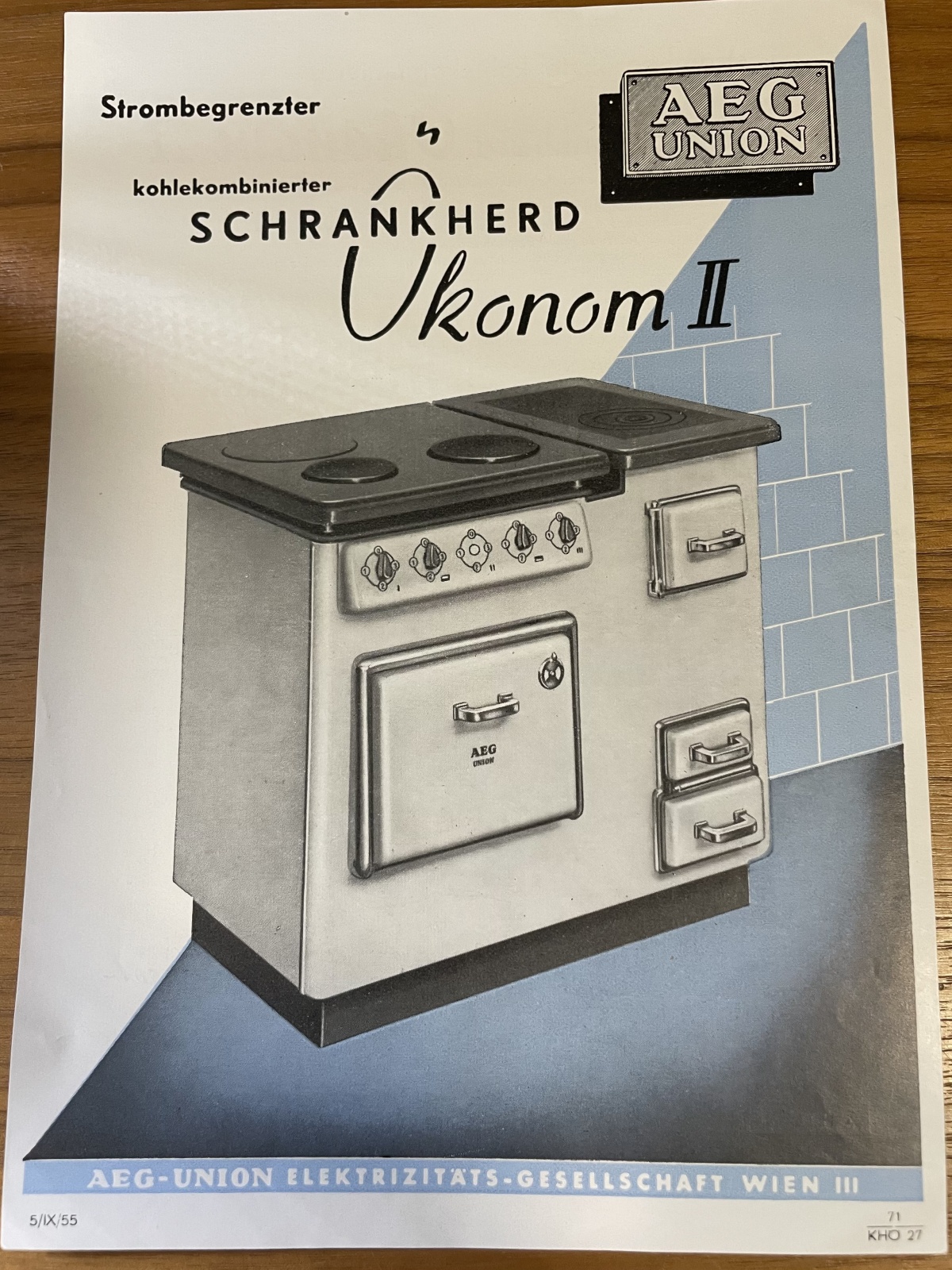 Altes Werbeprospekt von AEG Union Schrankherd Ökonom II aus den 50er Jahren