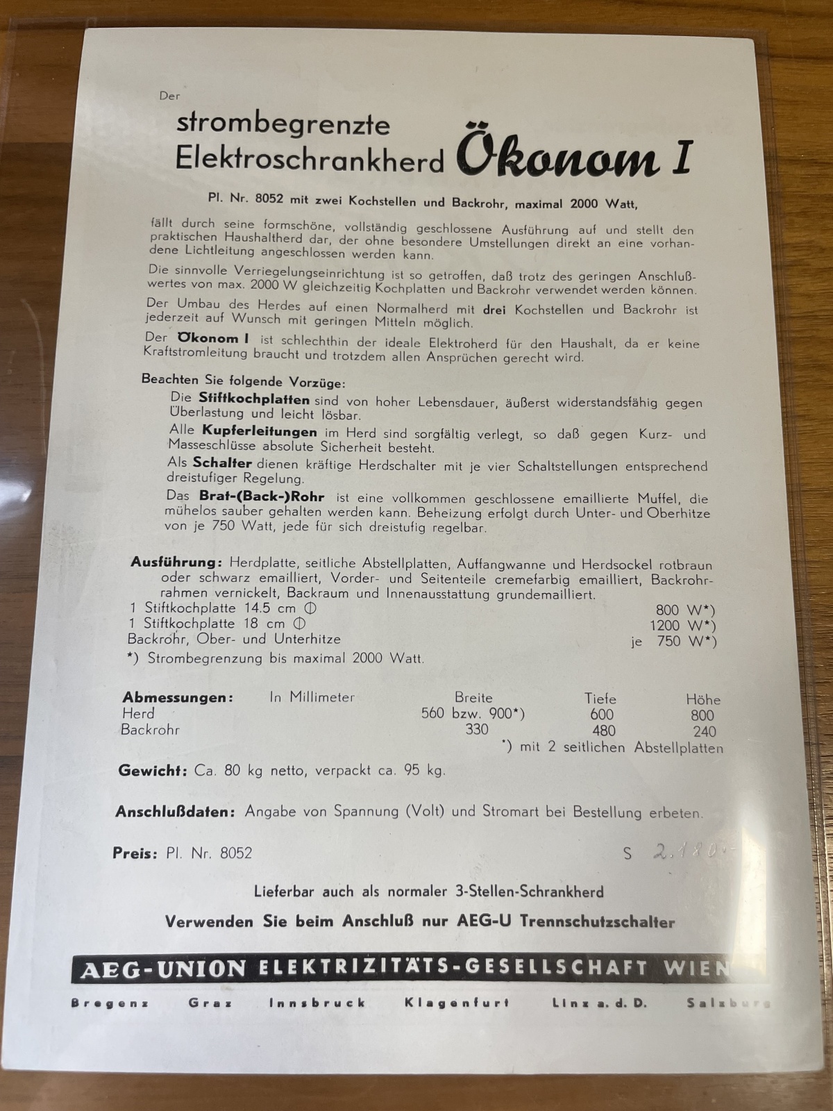 Altes Werbeprospekt von AEG Union Schrankherd Ökonom I aus den 50er Jahren