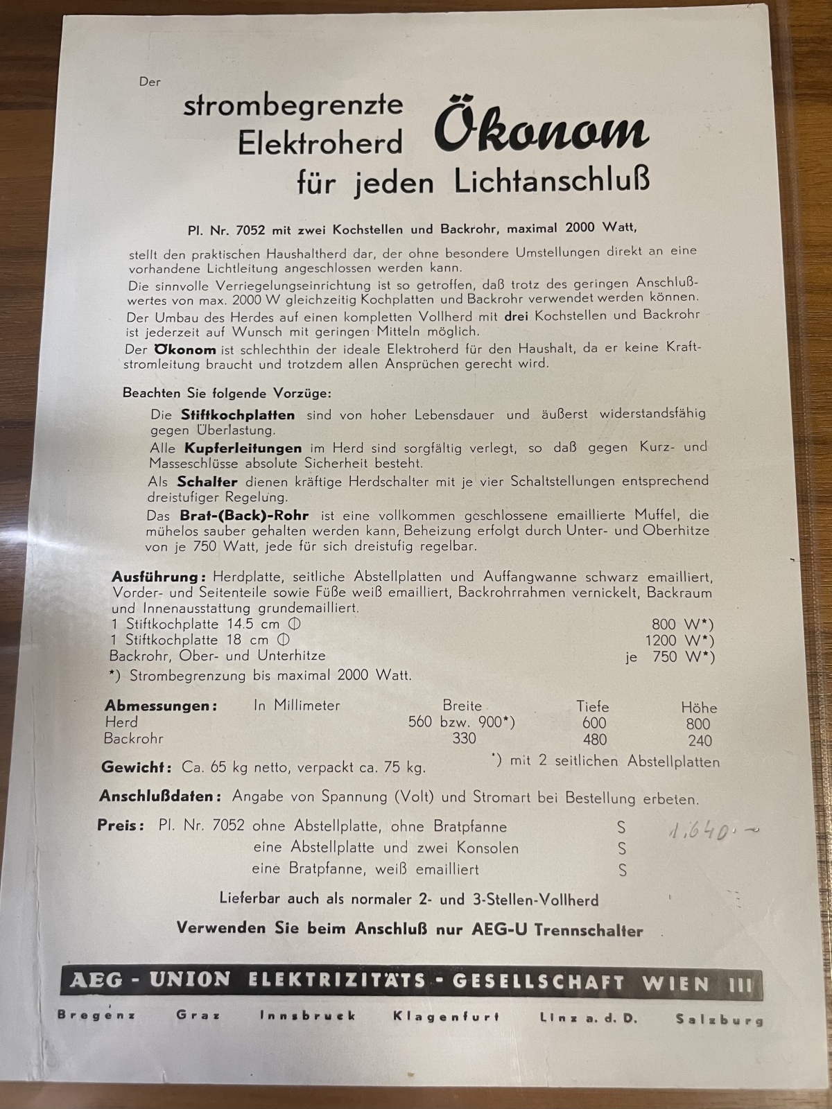 Altes Werbeprospekt von AEG Union Schrankherd Ökonom aus den 50er Jahren