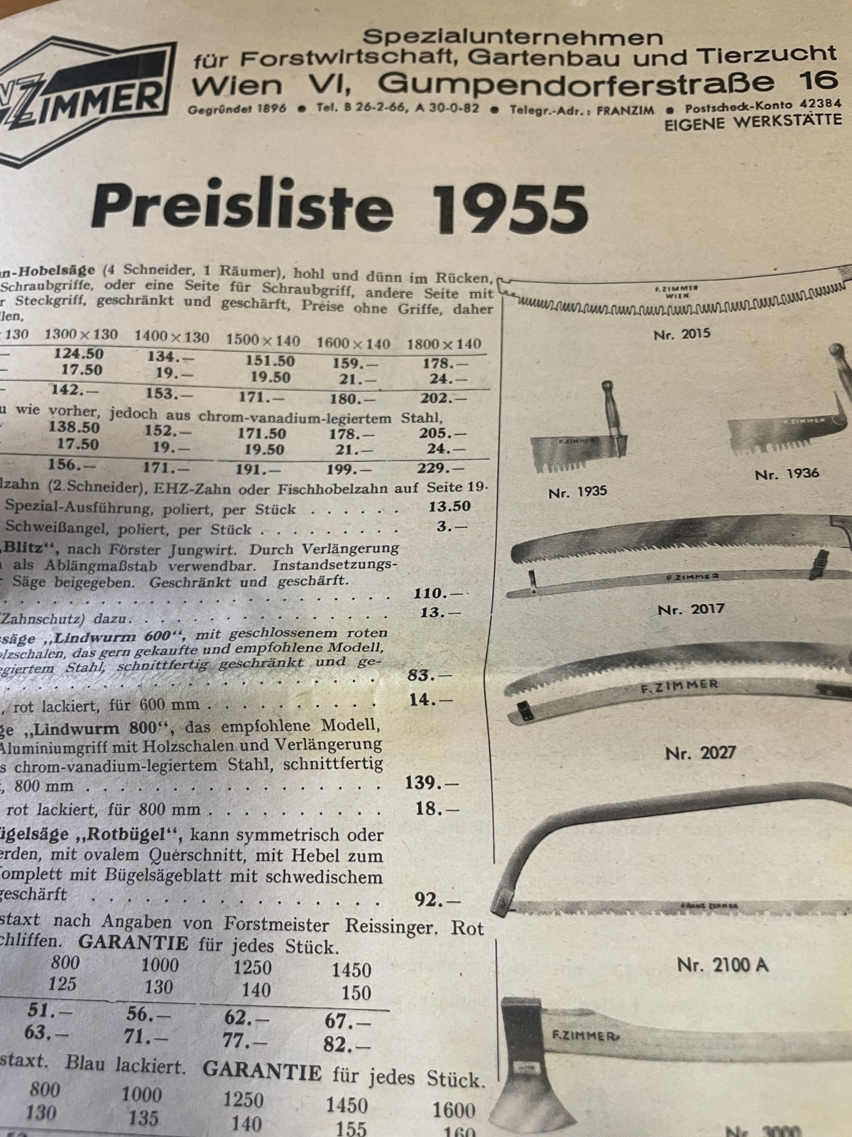 Preisliste der Fa. Franz Zimmer Wien von 1955