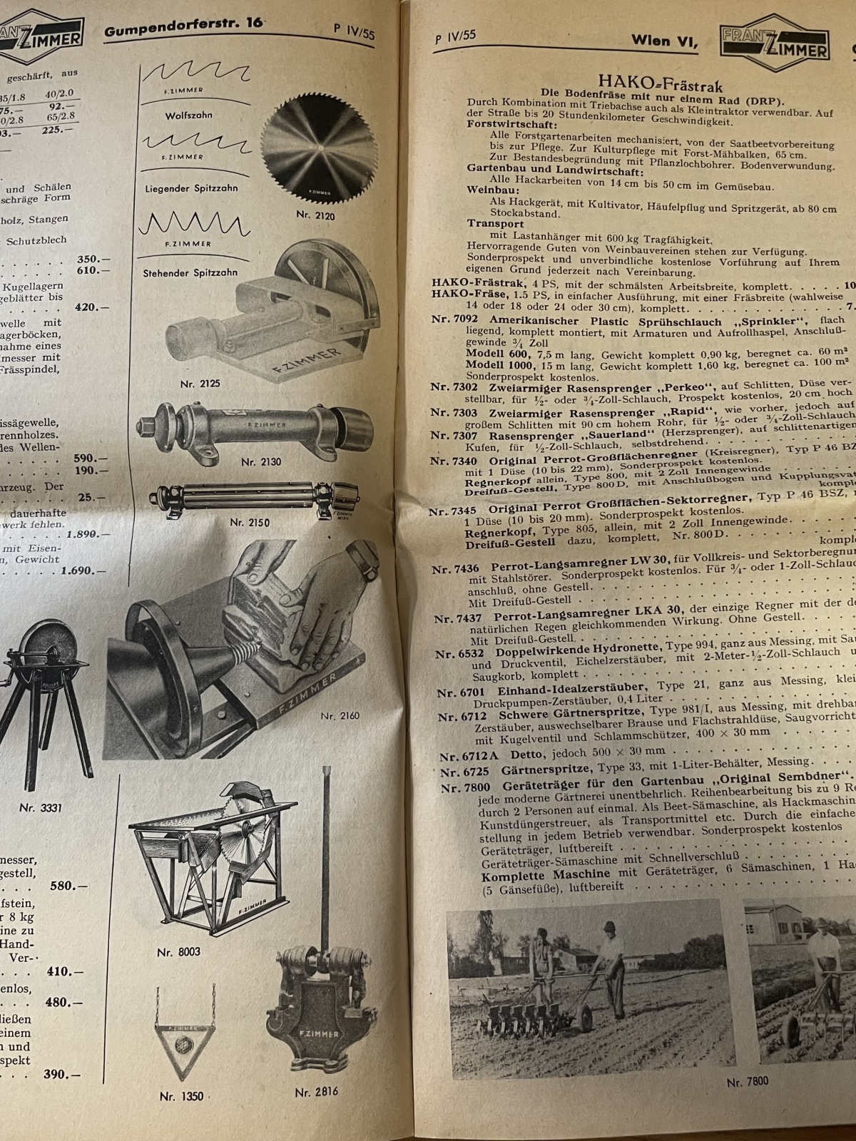 Preisliste der Fa. Franz Zimmer Wien von 1955