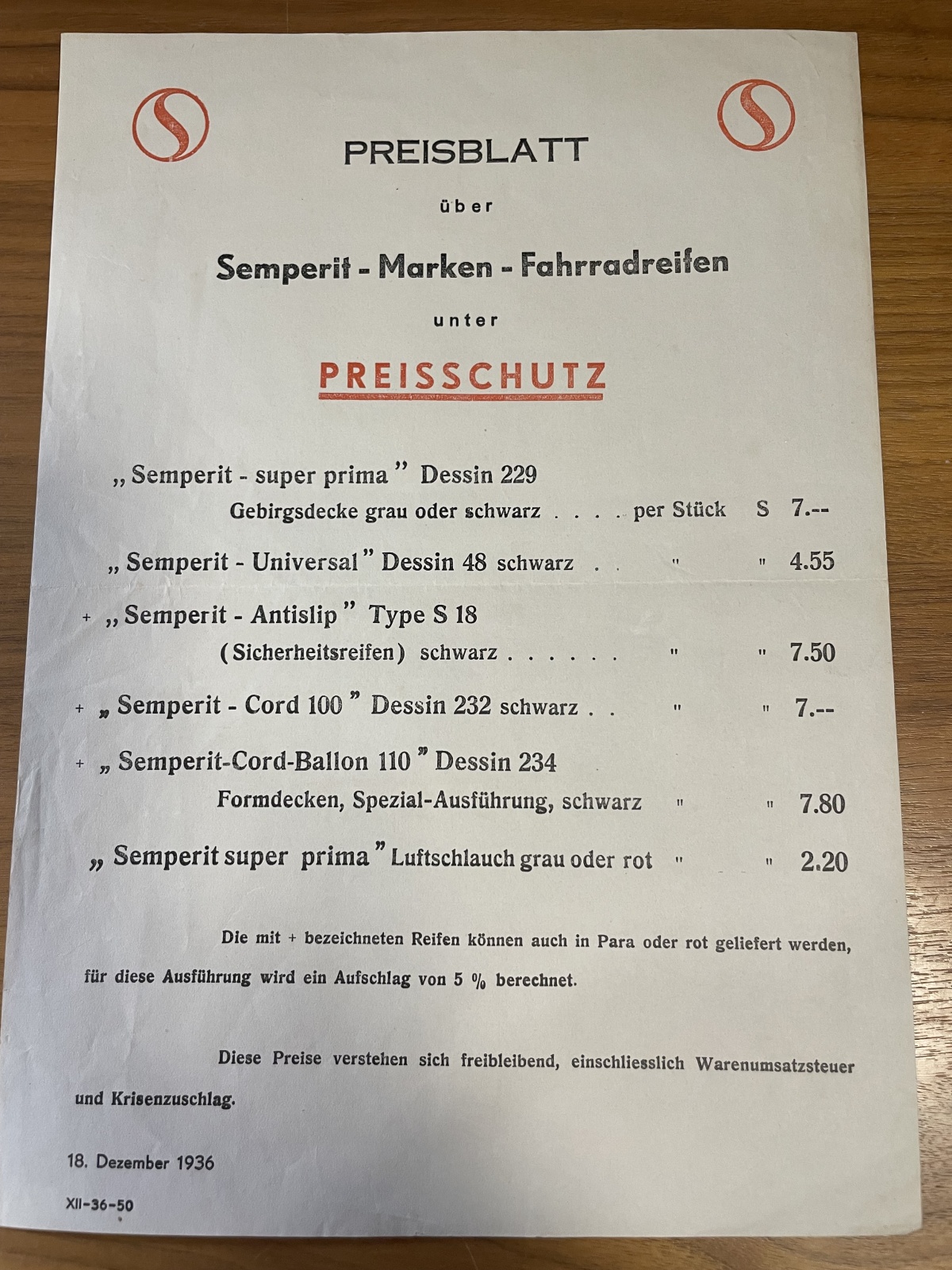 Preisblatt über Semperit-Marken-Fahrradreifen von 1936