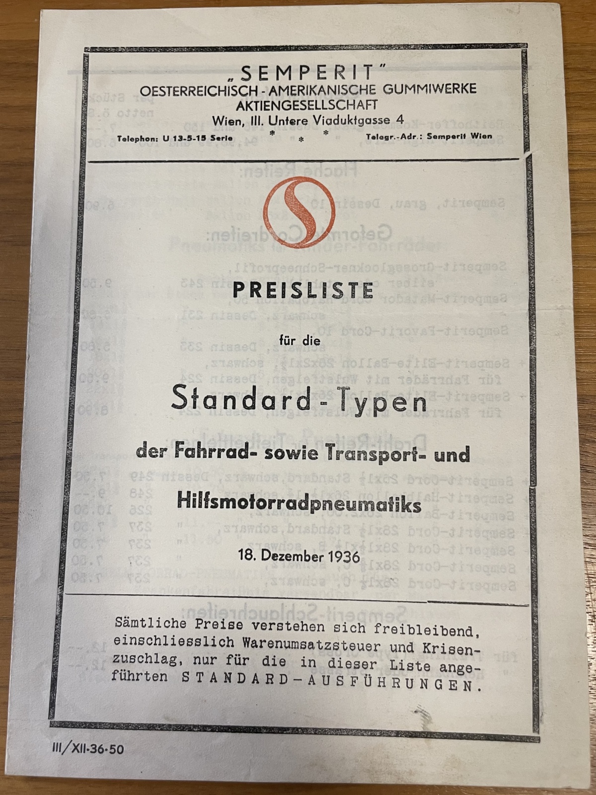 Preisliste Semperit vom 18.12.1936