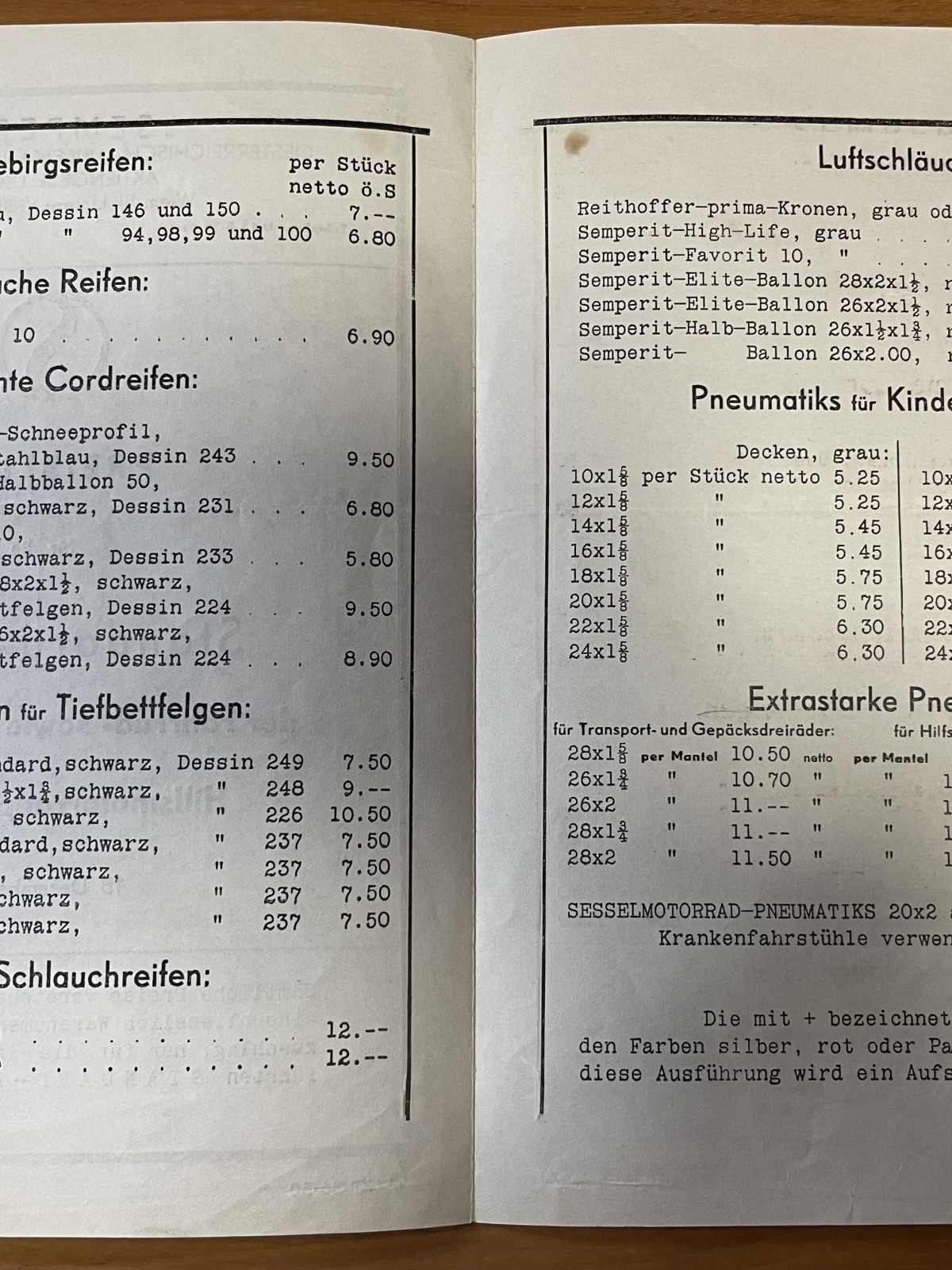 Preisliste Semperit vom 18.12.1936