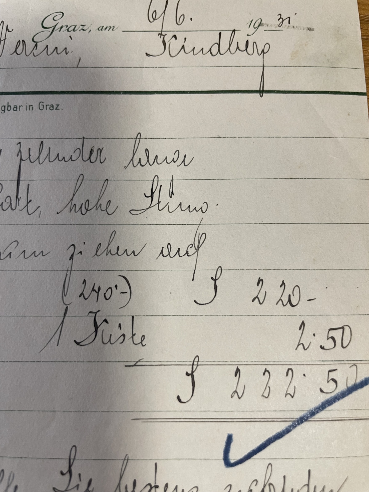 Orginalrechnung Fa. Stowasser Graz vom 1931