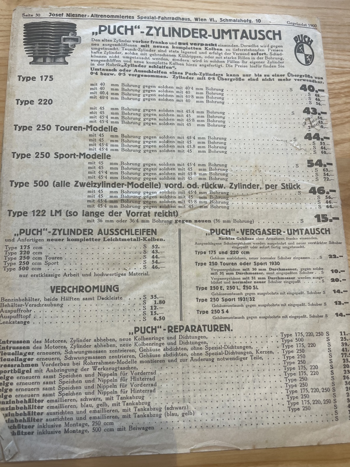 Preisliste eines altrenommierten Spezial-Fahrradhaus Wien 30er Jahren