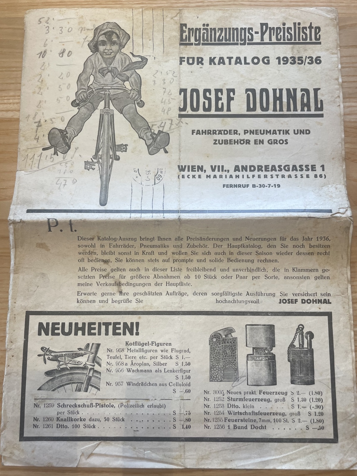 Ergänzungs-Preisliste für Katalog 1935/36 Wien (Dohnal)