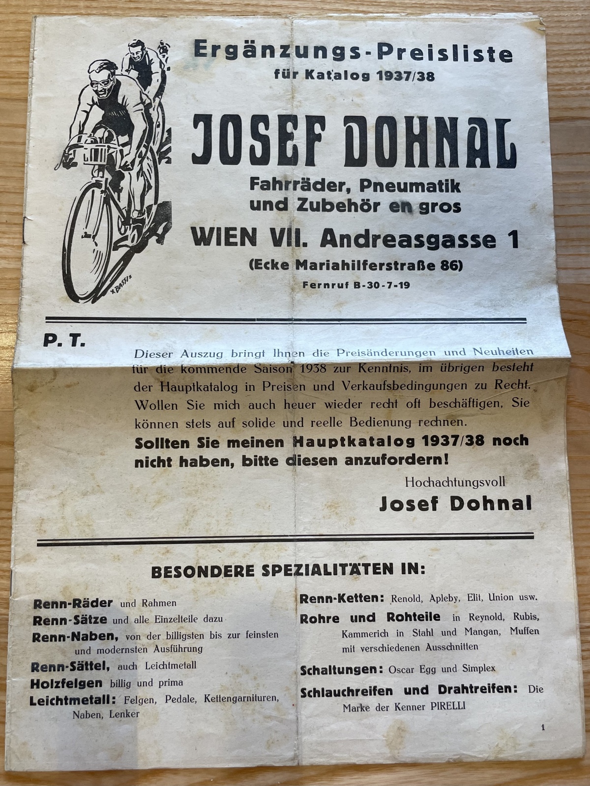 Ergänzungs-Preisliste für Katalog 1937/38 Dohnal Wien