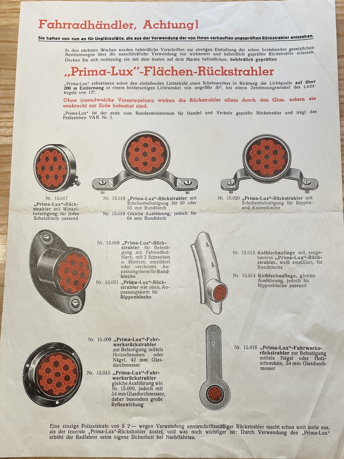 Alte Werbung Prima Lux - Flächen-Rückstrahler