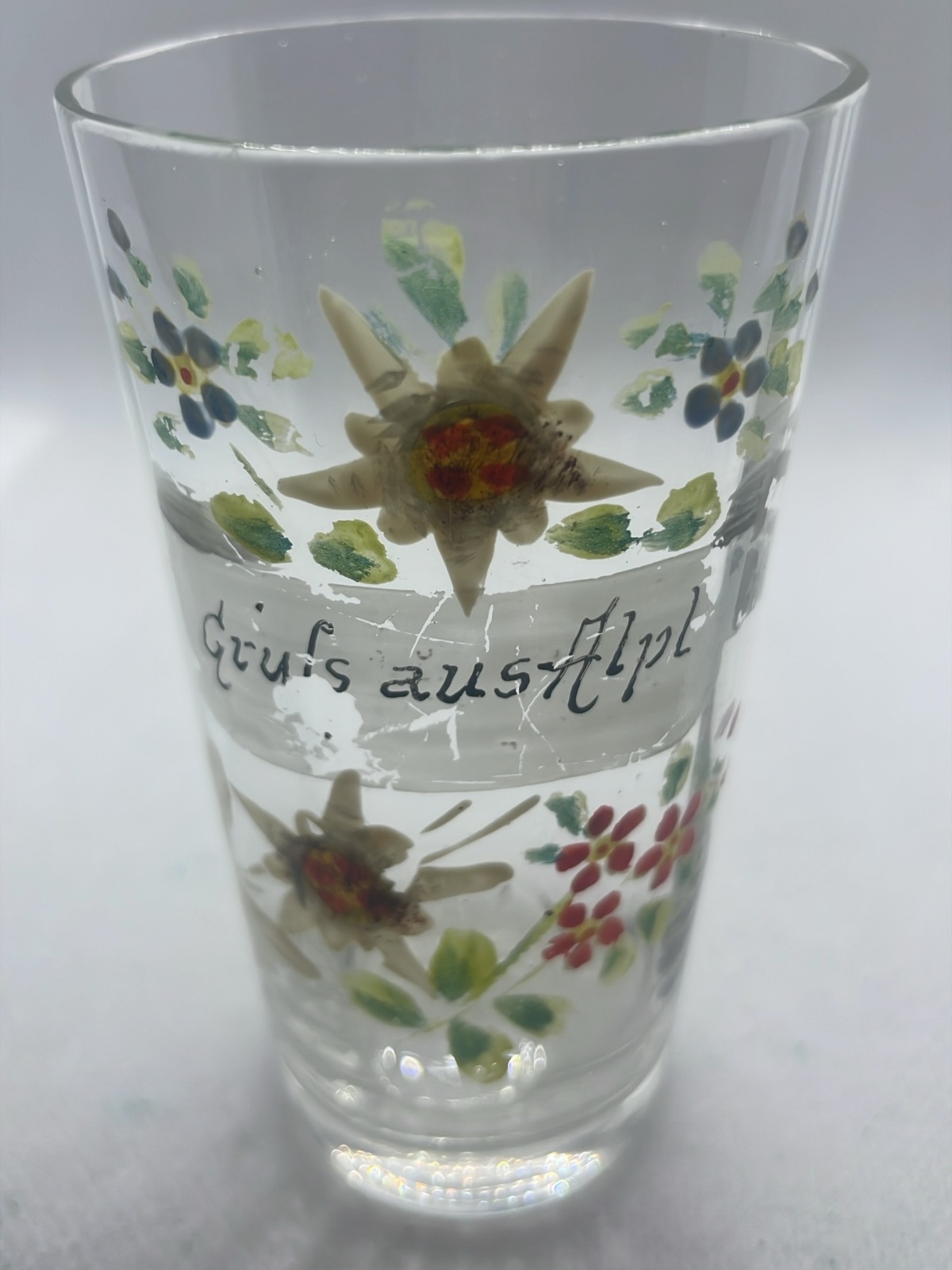 Antikes Glas Gruß aus Alpl