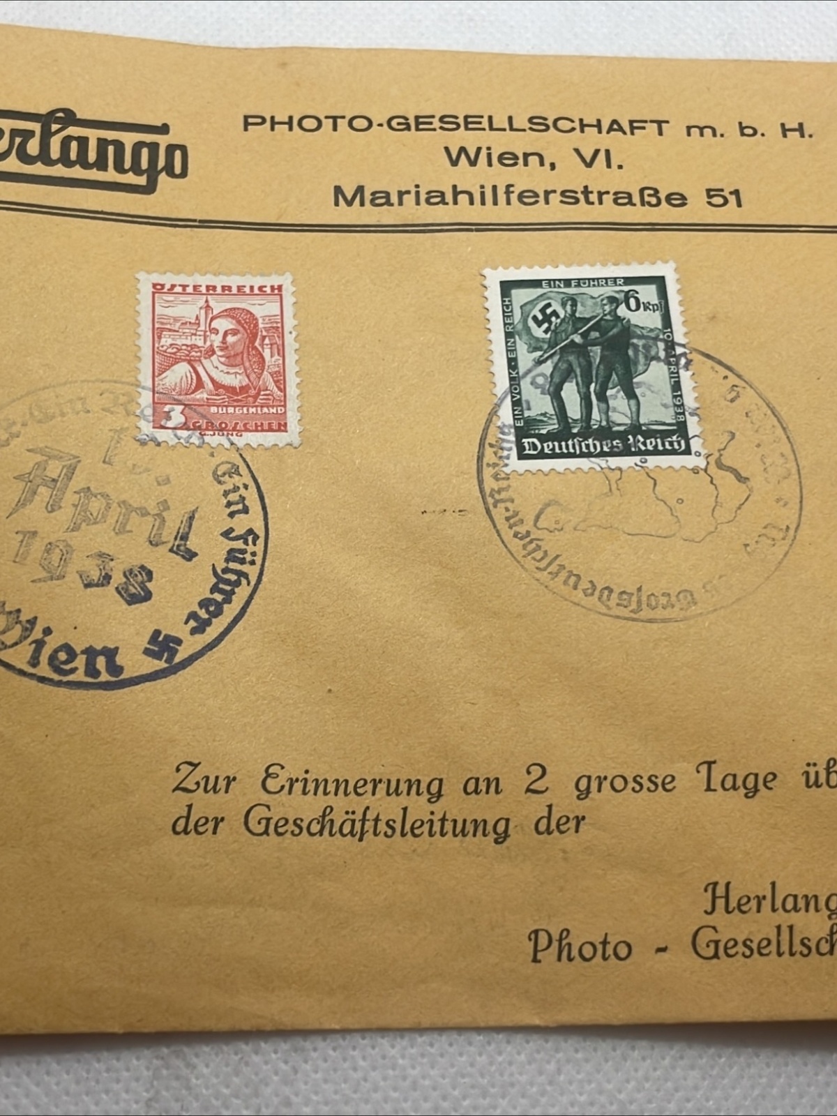 Briefumschlag mit Sonderstempeln 1938