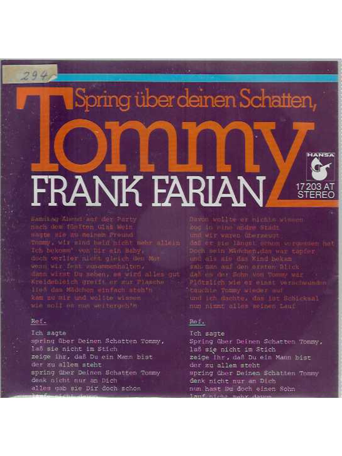 SINGLE / Frank Farian – Spring Über Deinen Schatten, Tommy